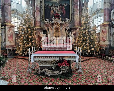 Weihnachtsdekoration in der Wallfahrtskirche Basilika Vierzehnheiligen BEI Bad Staffelstein, Landkreis Lichtenfels, Oberfranken, Bayern, Allemagne Banque D'Images