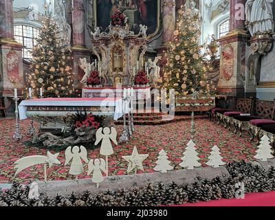 Weihnachtsdekoration in der Wallfahrtskirche Basilika Vierzehnheiligen BEI Bad Staffelstein, Landkreis Lichtenfels, Oberfranken, Bayern, Allemagne Banque D'Images