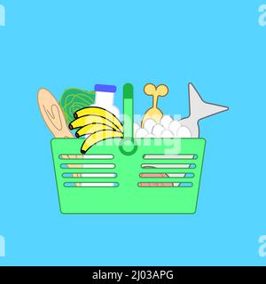 Panier complet de pinces pour aliments frais. Articles d'épicerie. Illustration vectorielle plate Illustration de Vecteur