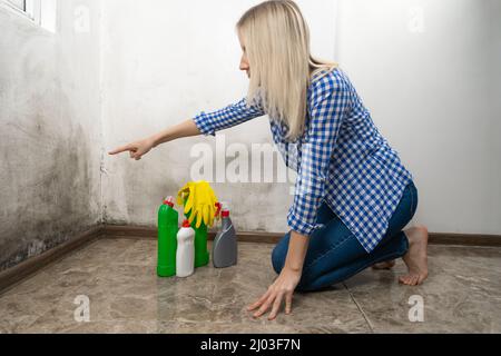 Jeune femme blonde choquée et surprise en jeans bleus et une chemise est en squatting avec des nettoyants près d'un mur avec la moisissure noire. Concept de nettoyage Banque D'Images