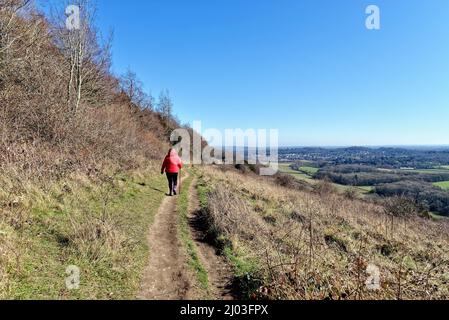 Une femme mûre qui marche dans une veste rouge sur North Downs Way lors d'une journée hivernale ensoleillée à Ranmore Common Dorking Surrey, Angleterre, Royaume-Uni Banque D'Images