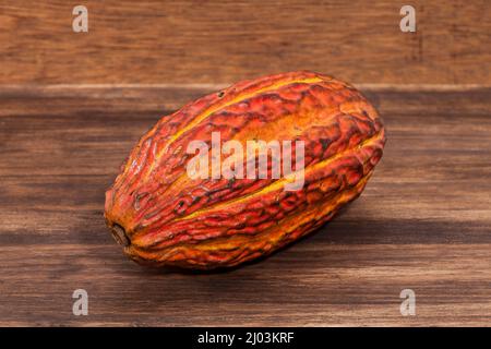 Theobroma cacao - cacao biologique fruit du cacao; photo sur fond en bois Banque D'Images