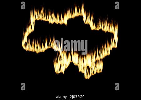 Carte de la frontière de l'Ukraine contour fait à partir de flammes brûlantes effet sur fond noir Banque D'Images