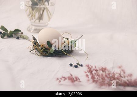 Nid délicat de fleurs berlant un oeuf, thème de Pâques Banque D'Images