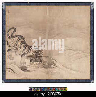 Tigre buvant d'une rivière qui fait rage. Kanō Sansetsu (Japon, 1590-1651). Vers 1640. Tableaux; écrans. Ecran pliable à deux panneaux ; encre sur papier Banque D'Images