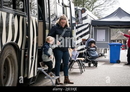 HILVARENBEEK - Stemmen in een safaribus bij Safaripark Beekse Bergen. In ruil voor hun stempas kregen stemmers een gratis toegangskaart en een uitrijkaart. ANP ROB ENGELAR Banque D'Images