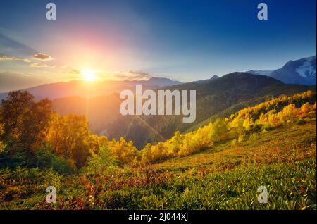 Vue fantastique sur la vallée alpine au pied du mont Ushba. Scène dramatique le matin. Lieu Mestia, Haut-Svaneti, Géorgie, Europe. Haut Caucase r Banque D'Images