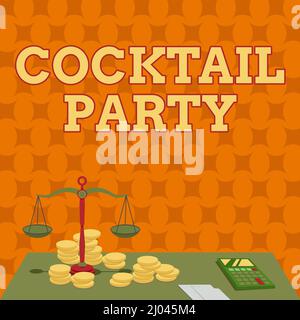 Affiche manuscrite cocktail Party. Concept d'affaires fête formelle avec boissons alcoolisées habituellement en début de soirée balance balance entourée de pièces Banque D'Images
