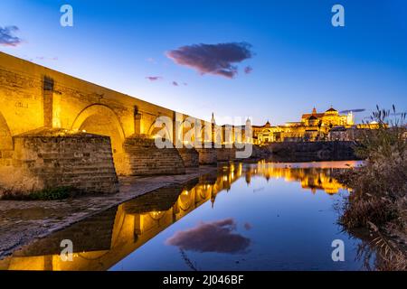 Römische Brücke über den Fluss Río Guadalquivir und die Mezquita - Catedral de Córdoba in der Abenddämmerung, Cordoue, Andalusien, espagnol | Roman b Banque D'Images