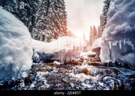 Miracle rivière à la lumière du soleil le matin. Scène viticole spectaculaire et pittoresque. Lieu Carpathian, Ukraine, Europe. Le monde de la beauté. Génération de tonalités Instagram Banque D'Images