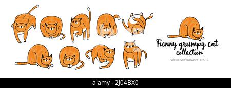 Caractère chat rouge. Le chat pose et les émotions ensemble. Chat mignon, lazy et grognon. Vector Collection avec Funny Ginger Cat dans différentes poses. Dessin animé de Doodle Illustration de Vecteur