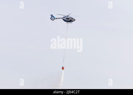 16 mars 2022, Rhénanie-du-Nord-Westphalie, Krefeld: L'eau est libérée du réservoir d'eau de lutte contre les incendies 'Bambi Bucket' par un hélicoptère Airbus H145 de la police de Rhénanie-du-Nord-Westphalie. La police de Rhénanie-du-Nord-Westphalie a été en formation avec le réservoir d'eau de lutte contre les incendies. Il les utilisera pour fournir un soutien aérien aux pompiers qui éteignent les incendies de forêt. Les « nacelles Bambi » peuvent contenir 820 litres d'eau. Photo : Marcel Kusch/dpa Banque D'Images