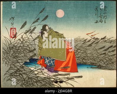 Narihira et Nijō no Tsubone sur le fleuve Fuji. Tsukioka Yoshitoshi (Japon, 1839-1892). Japon, 1882, mai. Imprimés; blocs de bois. Imprimé color block Banque D'Images