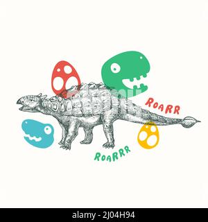 Modèle de carte, symbole ou panneau abstrait pour dinosaures préhistoriques. Ankylosaurus Reptile dessiné à la main avec des illustrations de style plat amusantes. T-shirt mignon Vector Illustration de Vecteur