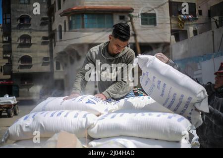 Un vendeur palestinien charge des sacs de farine sur une charrette devant le centre de distribution d'aide alimentaire de l'UNRWA à l'ouest de Gaza. La pénurie de denrées de base a entraîné une hausse de son prix dans la bande de Gaza. La région est fortement tributaire de l'approvisionnement en blé de l'Ukraine et de la Russie qui sont maintenant en guerre. Banque D'Images