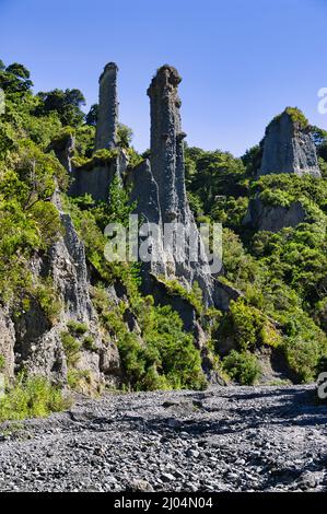 Les Pinnacles de Putangirua, flèches de gravier érodées, dans le parc forestier d'Aorangi, Grand Wellington, Île du Nord, Nouvelle-Zélande Banque D'Images