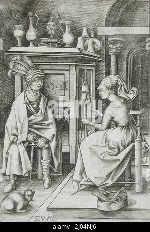 Femme tournant et visiteur. Israhel van Meckenem le plus jeune (Allemagne, Mechenem, vers 1440/1445-1503). Allemagne, vers 1495-1503. Gravures; gravures. Gravure Banque D'Images