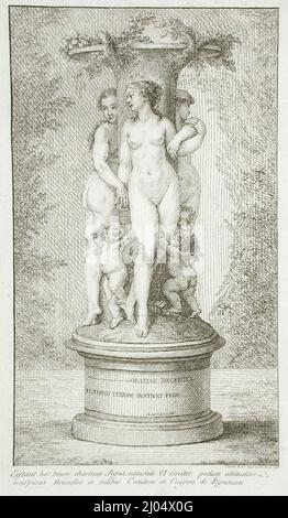 La Fontaine des trois grâces. Charles-Dominique-Joseph Eisen (France, Valenciennes, 1720-1778). France, 1777. Tirages ; gravures. Gravure sur papier verdté Banque D'Images