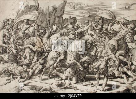 Scène de bataille. Giovanni Jacopo Caraglio (Italie, Vérone ou Parme, également Pologne active, vers 1505-1565)Raphael Sanzio (Italie, 1483-1520). Italie, vers 1525-1526. Gravures; gravures. Gravure Banque D'Images