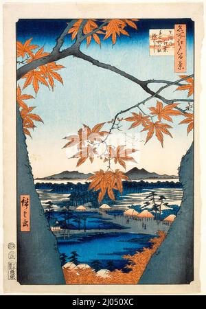 Érables à Mama, au sanctuaire de Tekona et au pont Linked. Utagawa Hiroshige (Japon, Edo, 1797-1858). Japon, 1857, 1st mois. Imprimés; blocs de bois. Imprimé color block Banque D'Images