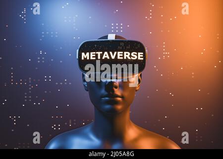 3D personnage d'une fille avec lunettes de réalité virtuelle avec le mot MÉTAVERSE. Concept métaverse, futur, jouer à gagner, crypto-monnaies, technologie et Banque D'Images