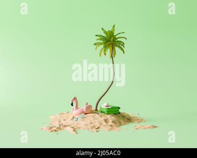 petite île de plage de sable avec palmier, valise et flotter sur un fond de studio. concept de vacances, voyage, été, plage, loisirs et profiter. 3d Banque D'Images
