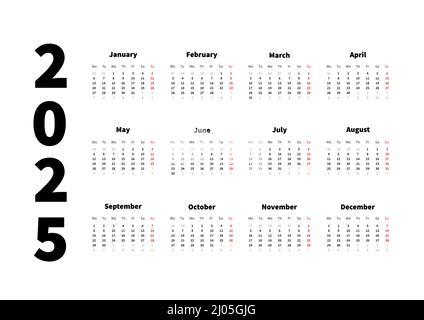 calendrier horizontal simple de 2025 ans en anglais, calendrier typographique isolé sur blanc Illustration de Vecteur