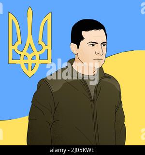 Affiche graphique avec le Président de l'Ukraine avec drapeau ukrainien et emblème. Illustration vectorielle Illustration de Vecteur