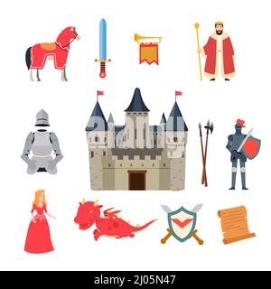 Illustration vectorielle des icônes médiévales Fantasy Knight Dragon Illustration de Vecteur