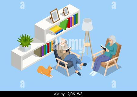 Les retraités isométriques à la maison lisant des livres, assis dans des fauteuils. Homme senior dans le livre de lecture de lunettes Illustration de Vecteur