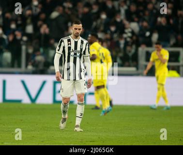 Turin, Italie. 16th mars 2022. Mattia de Sciglio de Juventus FC lors de la Ligue des champions de l'UEFA, Round of 16, match de football à 2nd jambes entre Juventus FC et Villarreal CF le 16 mars 2022 au stade Allianz à Turin, Italie crédit : Independent photo Agency/Alay Live News Banque D'Images