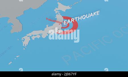 Carte du Japon montrant l'emplacement du tremblement de terre de magnitude 7,3 Richter, qui s'est produit le 16 mars 2022. Rendu numérique 3D. Banque D'Images