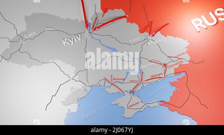 Carte de l'Ukraine montrant l'avance de l'invasion russe en mars 2022. Rendu numérique 3D. Banque D'Images