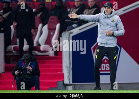 Lille, France. 16th mars 2022. LILLE, FRANCE - 16 MARS : l'entraîneur Thomas Tuchel de Chelsea FC gestes pendant la manche de la Ligue des champions de l'UEFA Tour de seize pieds deux match entre l'OSC de Lille et le FC de Chelsea au Stade Pierre Mauroy le 16 mars 2022 à Lille, France (photo de Geert van Erven/Orange Pictures) crédit : Orange pics BV/Alay Live News Banque D'Images