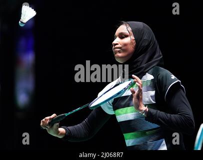 L'Egypte Doha Hany en action pendant le premier jour des Championnats de badminton YONEX All England Open à l'Utilita Arena Birmingham. Date de la photo: Mercredi 16 mars 2022. Banque D'Images