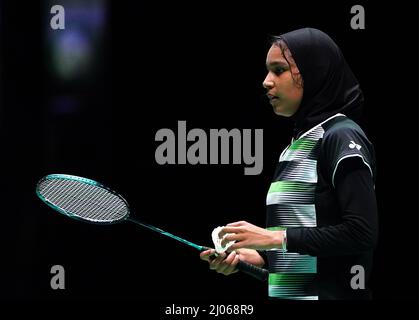 L'Egypte Doha Hany en action pendant le premier jour des Championnats de badminton YONEX All England Open à l'Utilita Arena Birmingham. Date de la photo: Mercredi 16 mars 2022. Banque D'Images