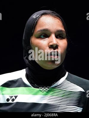 L'Egypte Doha Hany en action pendant le premier jour des Championnats de badminton YONEX All England Open à l'Utilita Arena Birmingham. Date de la photo: Mercredi 16 mars 2022. Banque D'Images