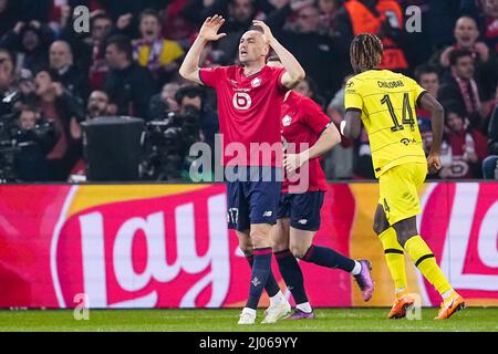 Lille, France. 16th mars 2022. LILLE, FRANCE - 16 MARS : Burak Yilmaz de Lille OSC réagit lors du tournoi de la Ligue des champions de l'UEFA de seize pieds deux matches entre l'OSC de Lille et le FC Chelsea au Stade Pierre Mauroy le 16 mars 2022 à Lille, France (photo de Geert van Erven/Orange Pictures) crédit : Orange pics BV/Alay Live News Banque D'Images