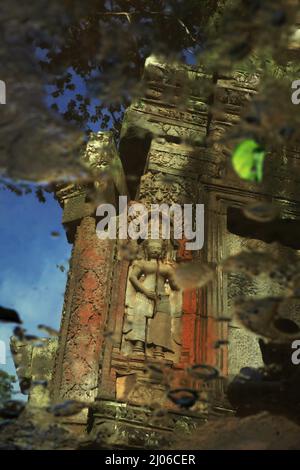 Reflet de l'eau de la figure apsara à Ta Prohm, Siem Reap, Cambodge. Autrefois utilisé comme un ensemble pour un film hollywoodien de 2001 Lara Croft: Tomb Raider avec Angelina Jolie, et surtout connue pour ses racines géantes d'arbres sauvages enracinés profondément entre les pierres, Ta Prohm était un monastère pour les étudiants du bouddhisme Mahayana, avant qu'il ne soit abandonné et oublié pendant des centaines d'années. Banque D'Images