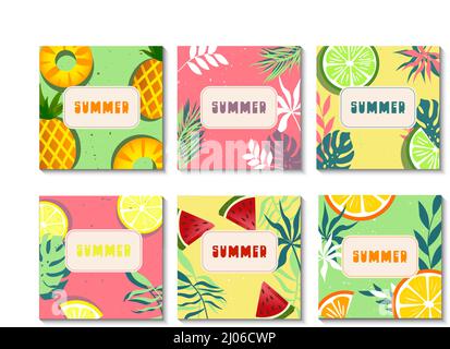 Jeu de cartes d'été avec fruits tropicaux et feuilles. Illustration de Vecteur