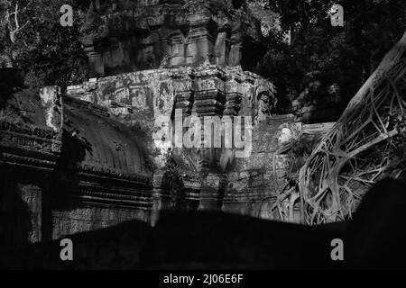 Une tour décorée de la figure apsara, située à un coin du temple de Ta Prohm à Siem Reap, Cambodge (version noir et blanc). Banque D'Images