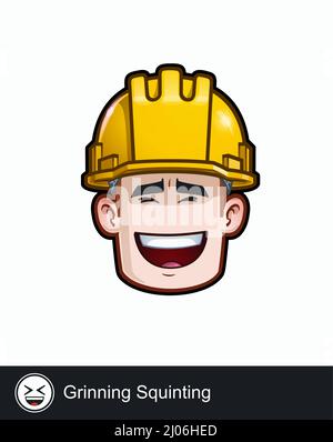 Icône d'un travailleur de la construction face avec grinning squinting expression émotionnelle. Tous les éléments sont soigneusement présentés sur des couches et des groupes bien décrits. Illustration de Vecteur