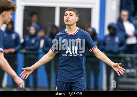 Ismael Gharbi du PSG lors de la Ligue de la Jeunesse de l'UEFA (U19), quart de finale du match de football entre Paris Saint-Germain (PSG) et RB Salzburg (FC) le 16 mars 2022 au stade Georges Lefevre à Saint-Germain-en-Laye, France - photo Victor Joly / DPPI Banque D'Images