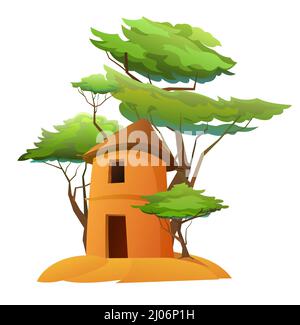 Afrique maisons rurales en argile et en paille. Paysage africain. Isolé sur fond blanc. Acacia. Vecteur. Illustration de Vecteur