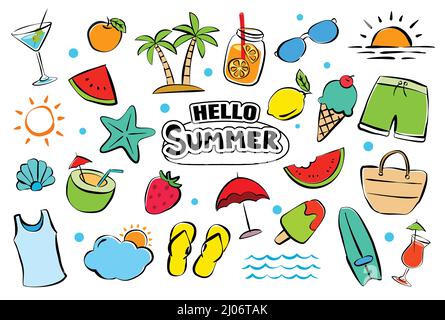 Hello Summer ELEMENTS set doodle sur fond blanc. Symboles et objets dessinés à la main l'été. Illustration de Vecteur