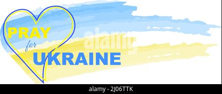 Priez pour l'Ukraine. Signe en forme de coeur avec couleur du drapeau national ukrainien. Inscription prier pour l'Ukraine. Illustration de Vecteur