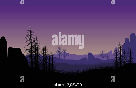 Magnifique panorama sur la montagne avec une silhouette d'arbre sèche fantastique. Illustration vectorielle d'une ville Illustration de Vecteur