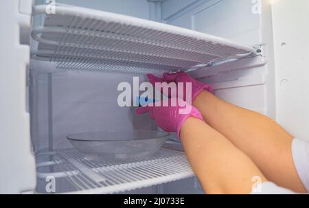 Dégivrage et nettoyage du congélateur. Une femme en gants de latex essuie l'eau de fonte avec une éponge. Faible profondeur de champ. Banque D'Images