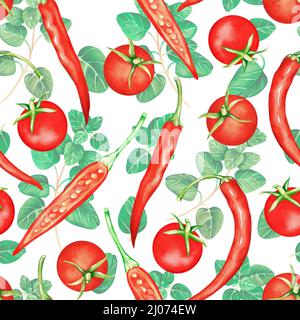 Motif sans couture de tomates cerises, de piment et d'origan. Illustration aquarelle. Isolé sur un fond blanc.pour vos livres de cuisine de conception, tabliers Banque D'Images