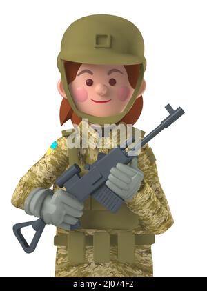 Personnage de dessin animé 3D avatar Femme soldat ukrainien dans l'équipement de combat isolé sur blanc Banque D'Images